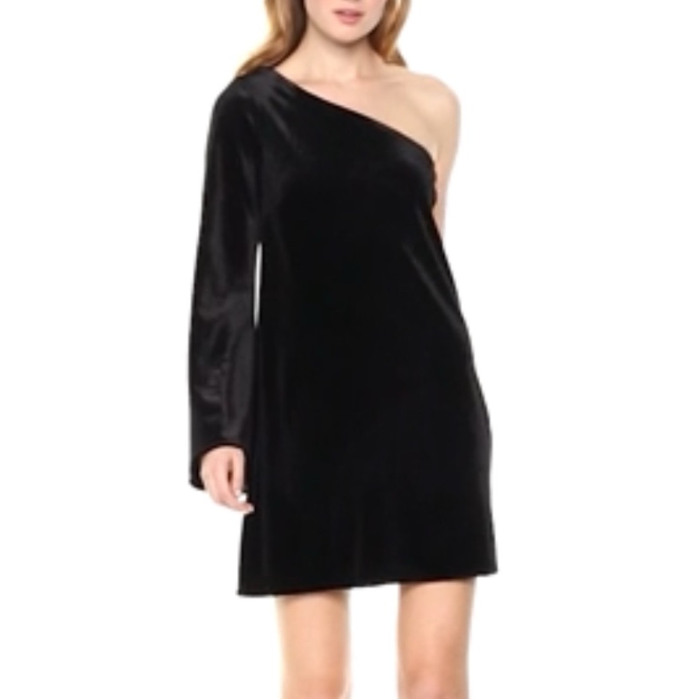 French Connection black velvet one shoulder mini dress